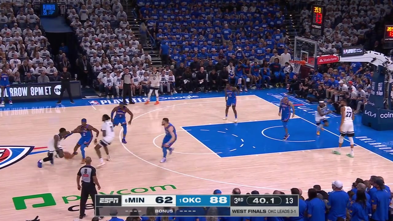 Naz Reid with the offensive foul on Shai Gilgeous-Alexander as he sets a hard screen with replays