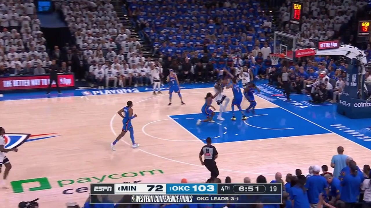 Chet Holmgren blocks Julius Randle twice in a short interval and Lu Dort with the dagger 3-pointer at the other end OKC are up 34 points with 634 minutes remaining in the 4th quarter Timberwolves timeout