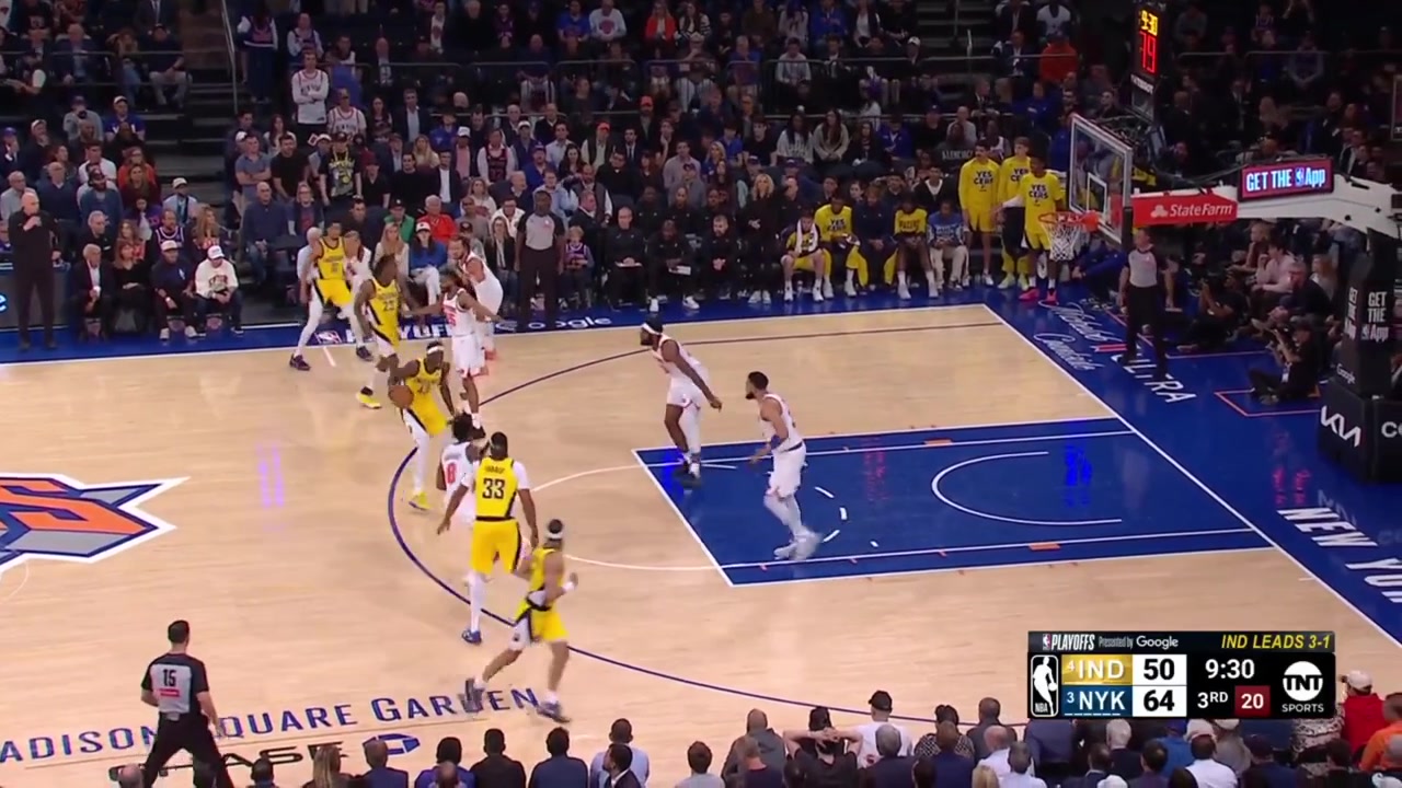 Mitchell Robinson swats Haliburton's layup attempt and on the next play locks up Myles Turner and forces the turnover on the Pacers