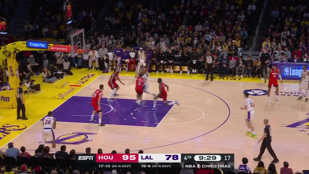 LeBron James is screaming at the referee after not getting the foul call does not return to defense but the Rockets fail to score on 5v4 with a replay