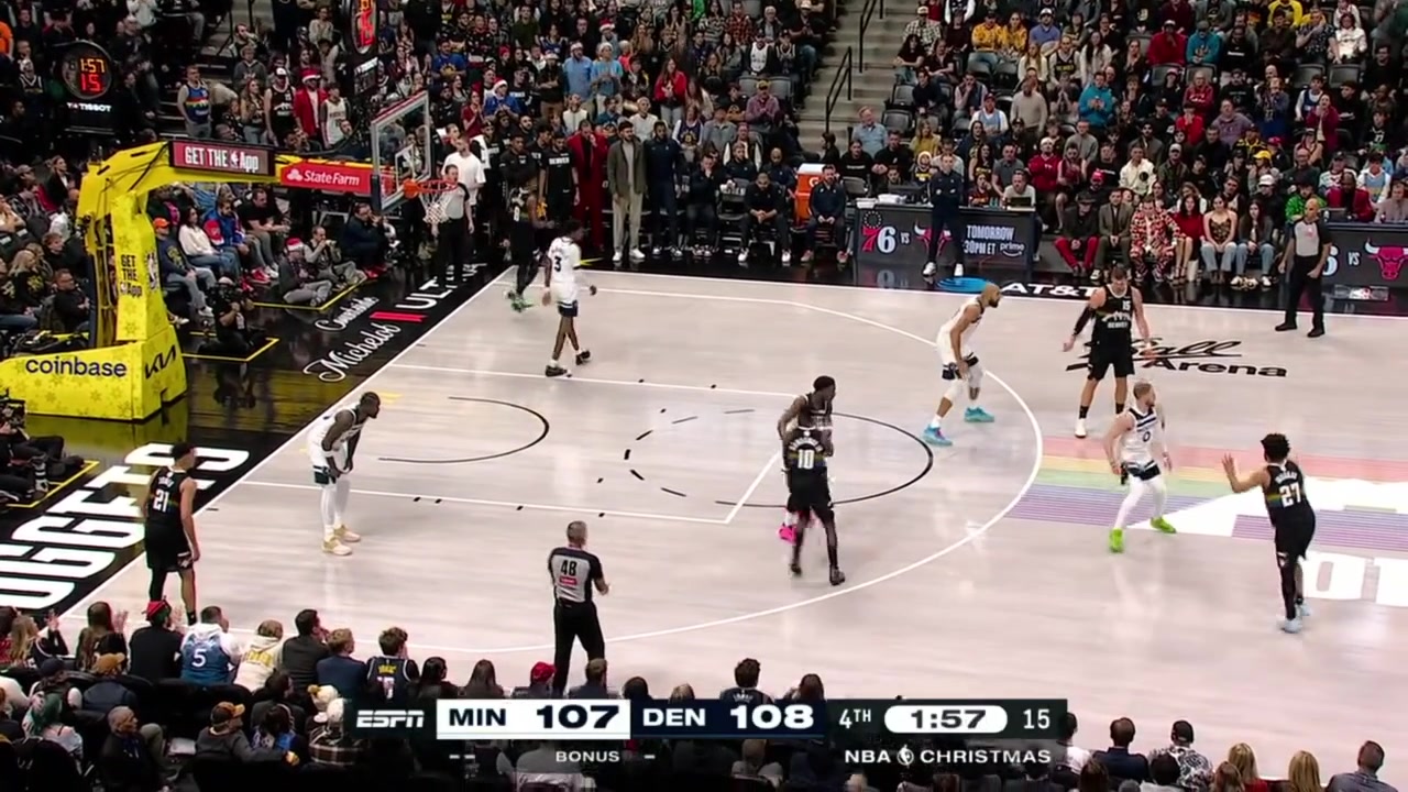 Jamal Murray with a big clutch 3 over Rudy Gobert to put the Nuggets up by 4 with less than 2 minutes remaining in regulation with a replay Julius Randle with the traveling violation at the other end