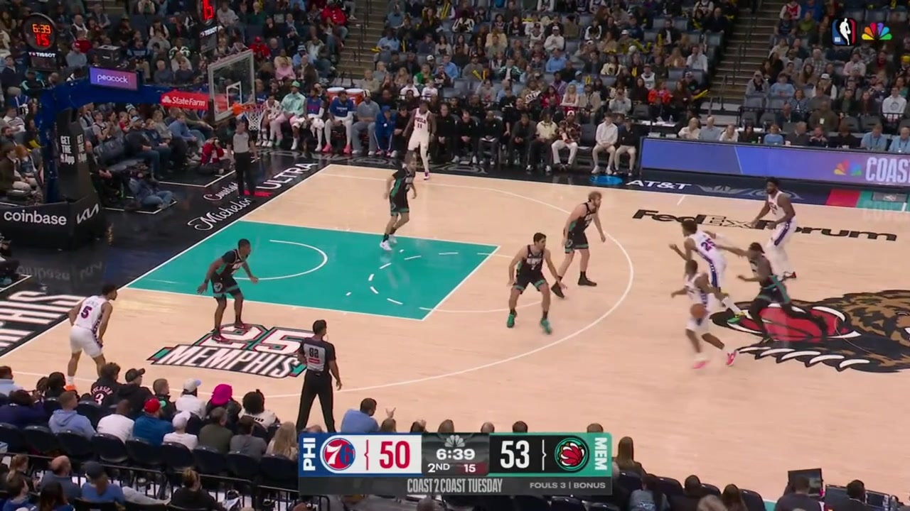Joel Embiid lobs to the ball to himself off the backboard and nearly puts Cedric Coward on a nasty poster dunk with a replay