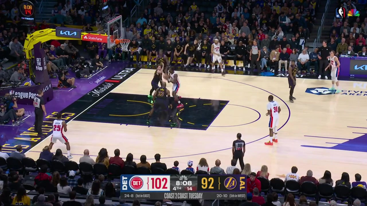 Jalen Duren scores off the spin move in the paint over Luka Doncic then intercepts Luka's pass to LeBron and finds Marcus Sasser for the 3-pointer giving the Pistons their largest lead of the night with replays