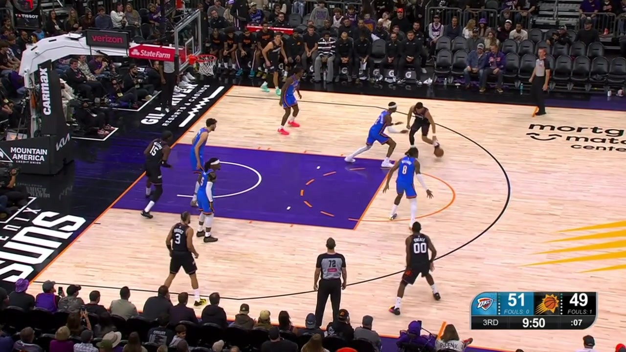 Devin Booker with a nutmeg assist through Chet Holmgren's legs finding Mark Williams for the hook shot to beat the shot clock with replays