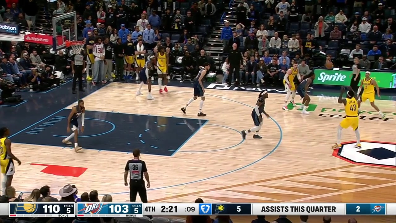 Andrew Nembhard hits a big step back 3 over Chet Holmgren to beat the shot clock late in the 4th quarter and Shai Gilgeous-Alexander hits the off-balance jumper from the baseline to give him 40 with replays