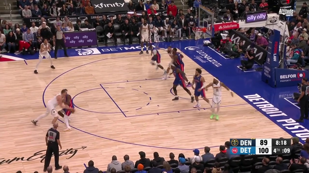 Caris LeVert makes contact on Nikola Jokis drive with no whistle leading to a Pistons fast-break score as Joki cannot believe it