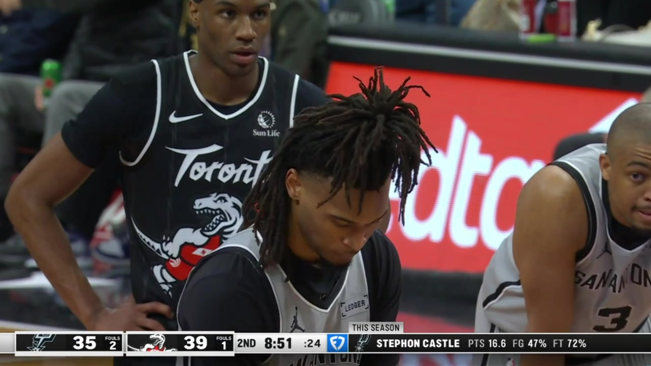 Lowlight Stephon Castle air balls the free throw but makes the second one Spurs and Raptors commentaries