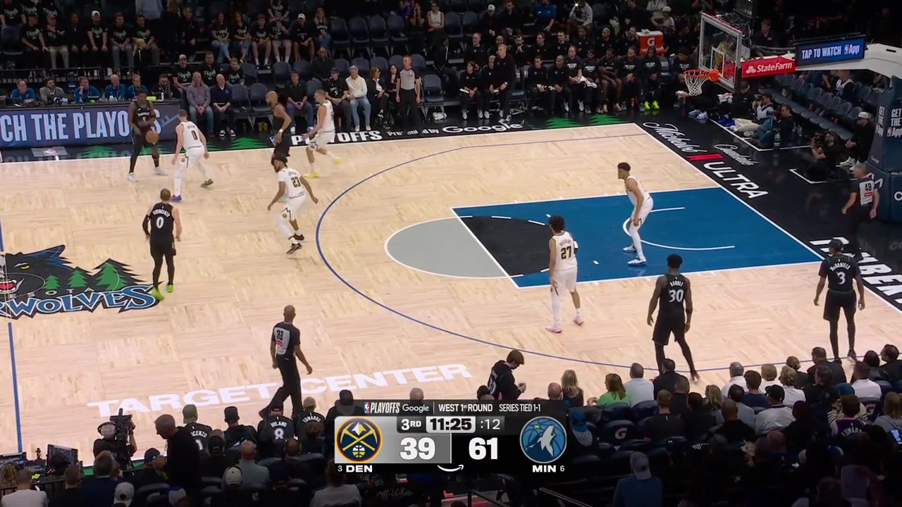 Rudy Gobert hits the tough lefty hook shot over Nikola Jokic with a replay