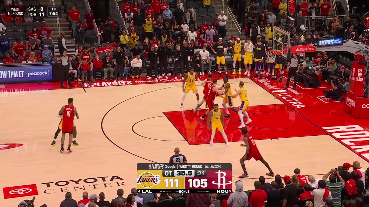 Reed Sheppard misses the 3 but makes the second one to cut the lead to 3 and Marcus Smart hustles for the inbound pass by LeBron gets fouled and splits the clutch free throws with replaysHe also hit his face hard on the floor