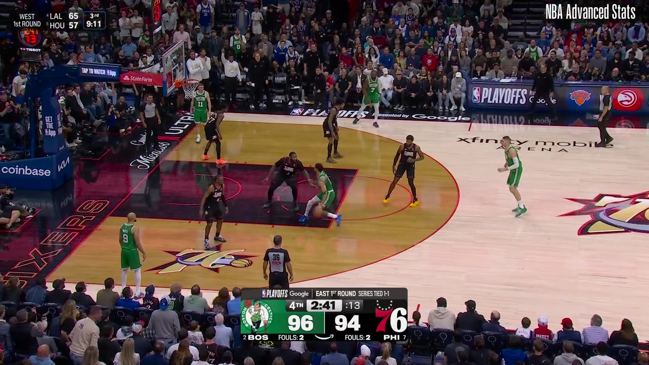 Jayson Tatum draws the foul on Andre Drummond