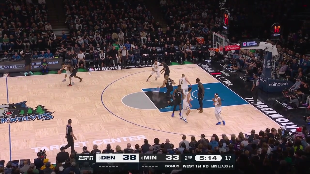 Rudy Gobert with a lockdown defense on Nikola Jokic pokes the ball away from him twice forcing a turnoverAyo Dosunmu gets fouled at the other end by Jamal Murray with replays