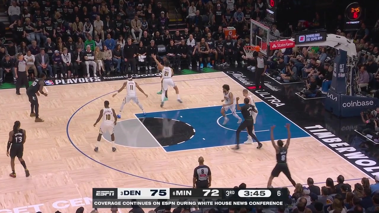 Jaden McDaniels soars for a great chasedown block on Bruce Brown and Julius Randle goes at Nikola Jokic drives and scores the layup with replays