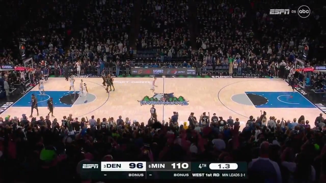 Nikola Jokic plays his best defense of the night running back after a made Jaden McDaniels basket to meet him face-to-face