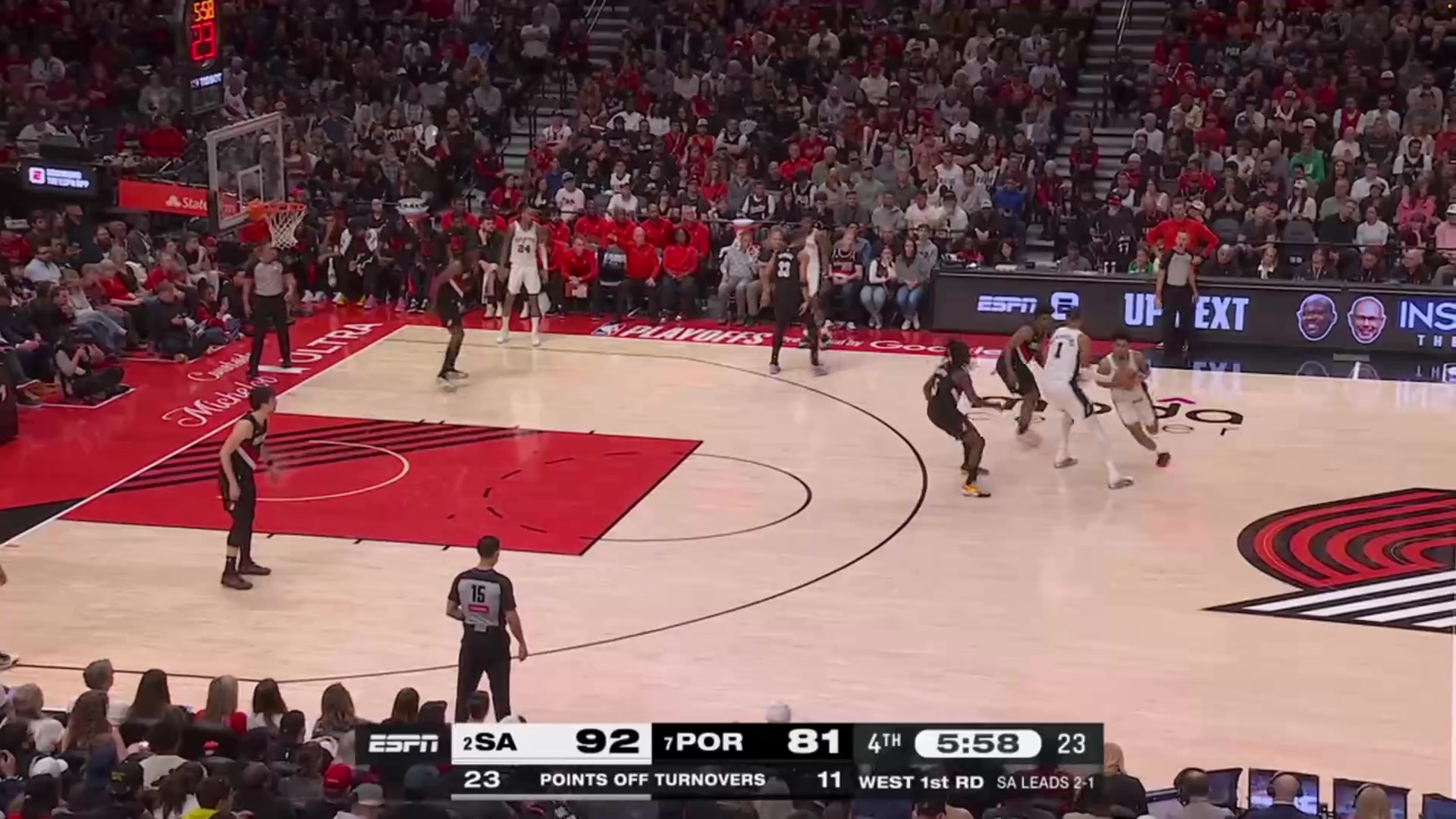 Dylan Harper muscles in the layup over Jrue Then Keldon Johnson gets the steal on the other end and takes it all the way to the rack Tiago Splitter is forced to call time as the Spurs go up 15