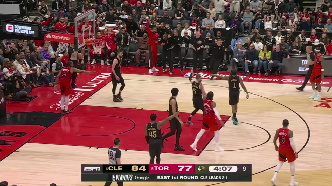 Scottie Barnes forces a call review and subsequent Cavaliers challenge in the 4th Quarter of Game 4 of Round 1 in the 2026 Playoffs