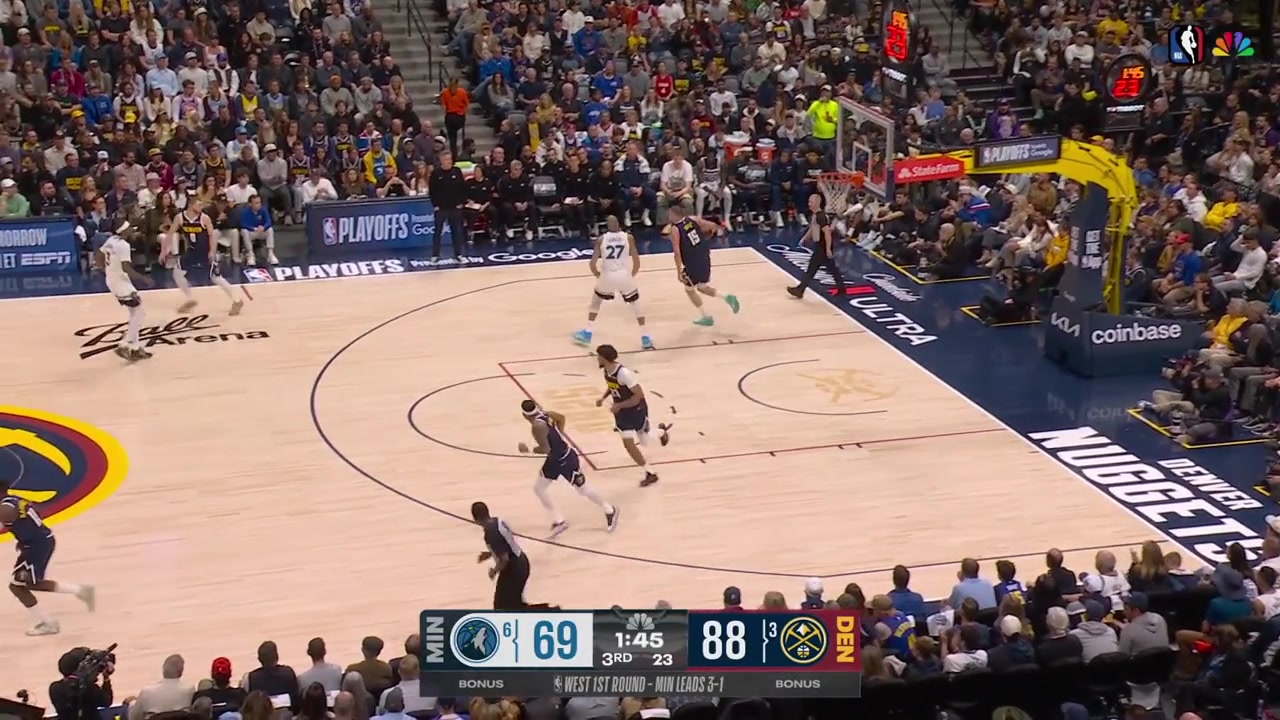 Nikola Jokic with a beautiful bounce pass to Christian Braun for the two-handed dunk as Jaden McDaniels tries to contest him with a replayBraun also points at McDaniels while hanging on the rim receiving a technical foul