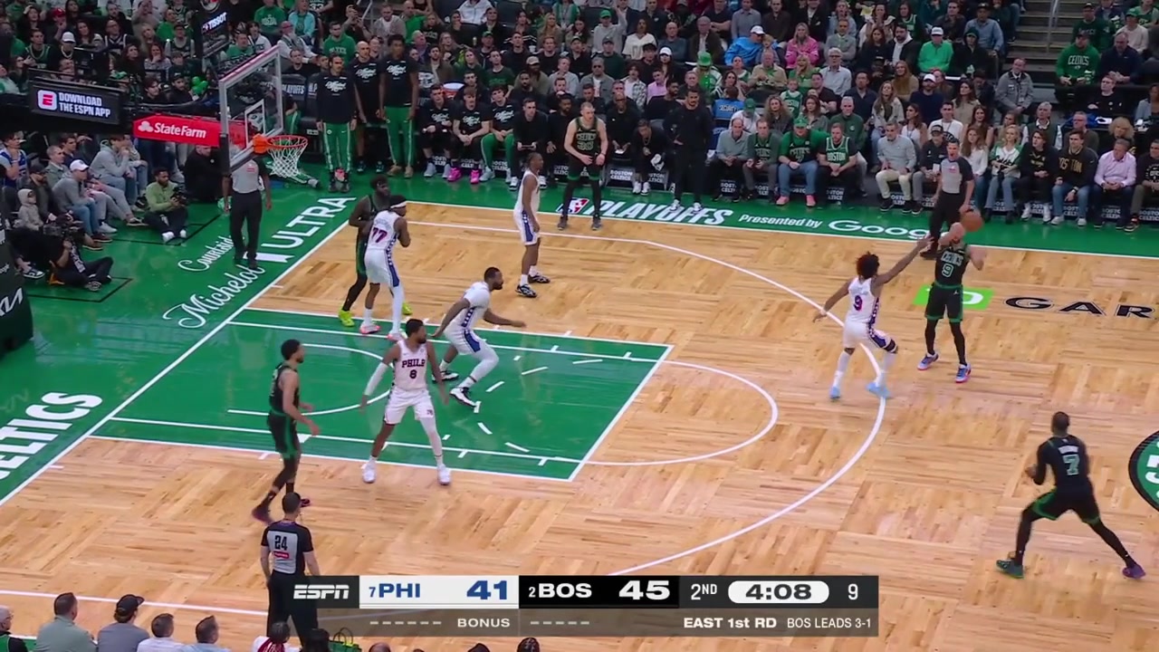 Andre Drummond is doing his best defensively against Jaylen Brown as Brown's shot somehow rolls out with a replay