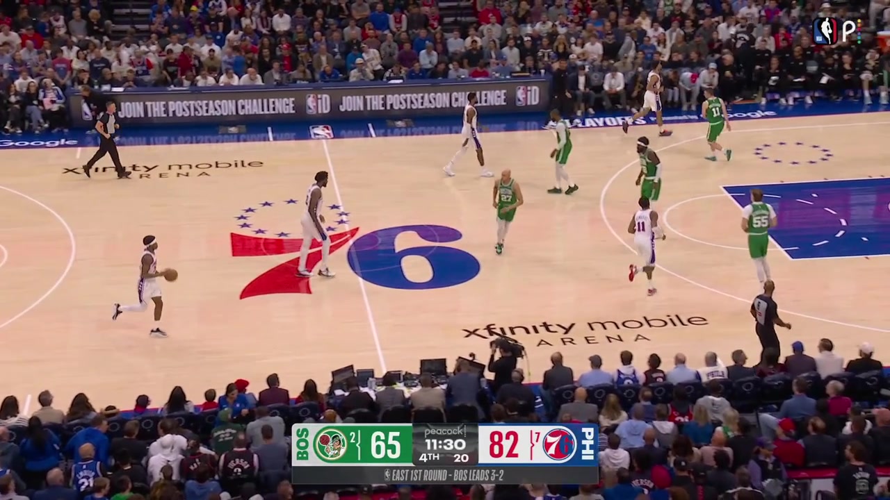 Joel Embiid hits the jumper Jaylen Brown turns the ball over 5th TOV Justin Edwards hits a jumper and Joel Embiid with a beautiful bounce pass to Paul George for the contested reverse layup with replaysThe 76ers go up 23 points in the 4th quarter
