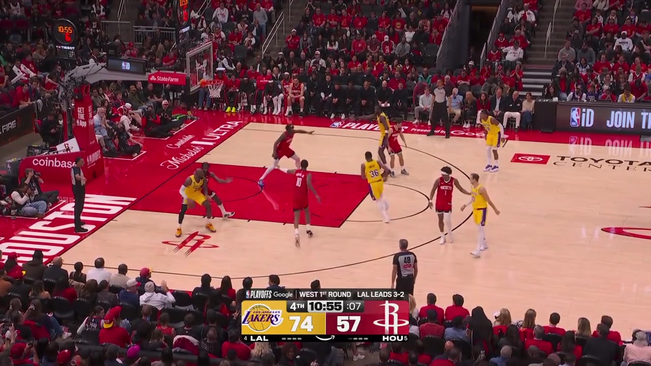 LeBron James post up Tari Eason backs him down and scores the easy hook shotThe Rockets decided not to bring help and LeBron with 24 points