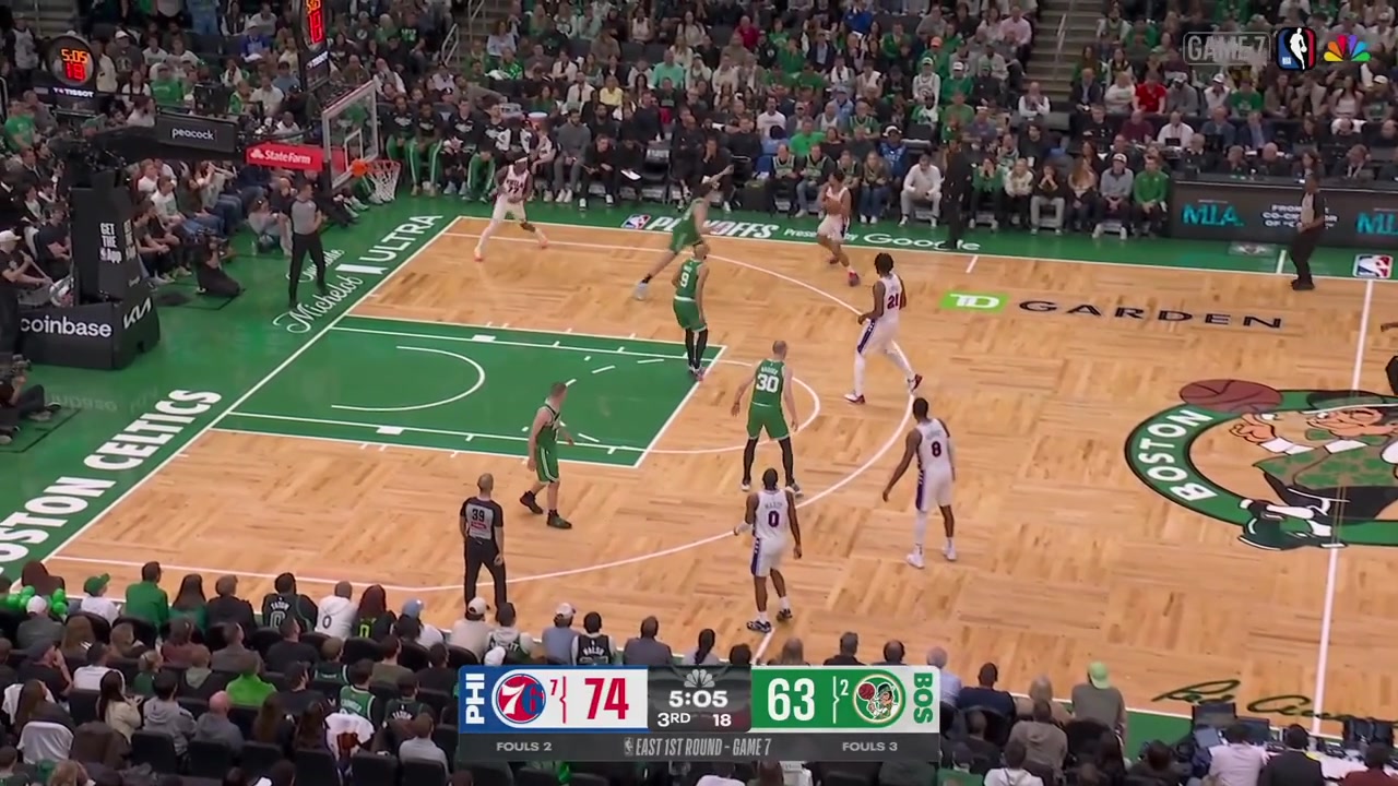 VJ Edgecombe receives an inadvertent elbow to the face from Jaylen Brown and seems a bit dazed with a replay Also a replay of Embiid taps Brown after a made free throw