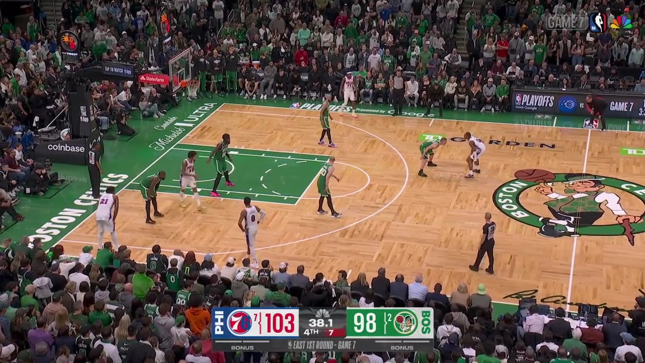 Injured Joel Embiid dives for the loose ball Jaylen Brown amp Derrick White miss clutch 3s and Tyrese Maxey scores two clutch free throws getting the 76ers closer to win game 7 and the series in BostonIncluding replays of Maxey big layups