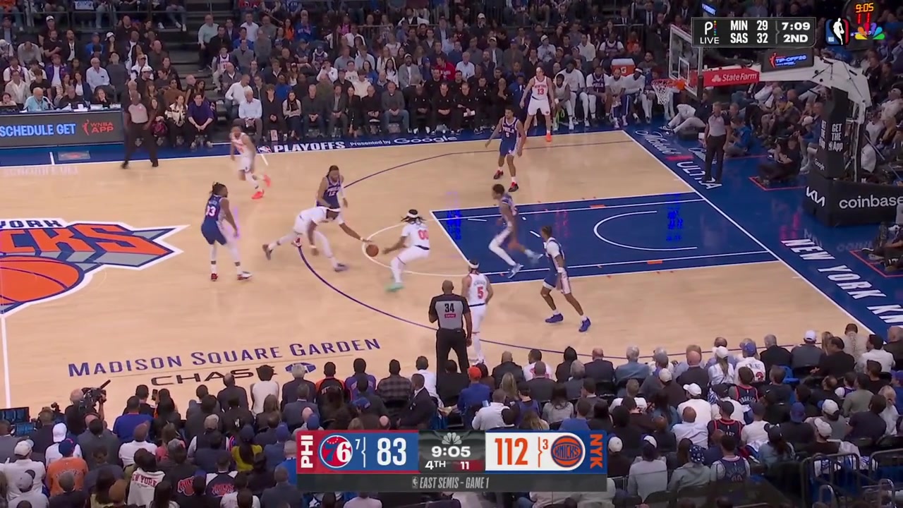Tyler Kolek hits the corner 3 in front of the 76ers bench and points towards it then lobs it to Pacme Dadiet for the dunk then scores a layup and hits a pullup 3Including a replay of Jose Alvarado 3-pointer and the celebration
