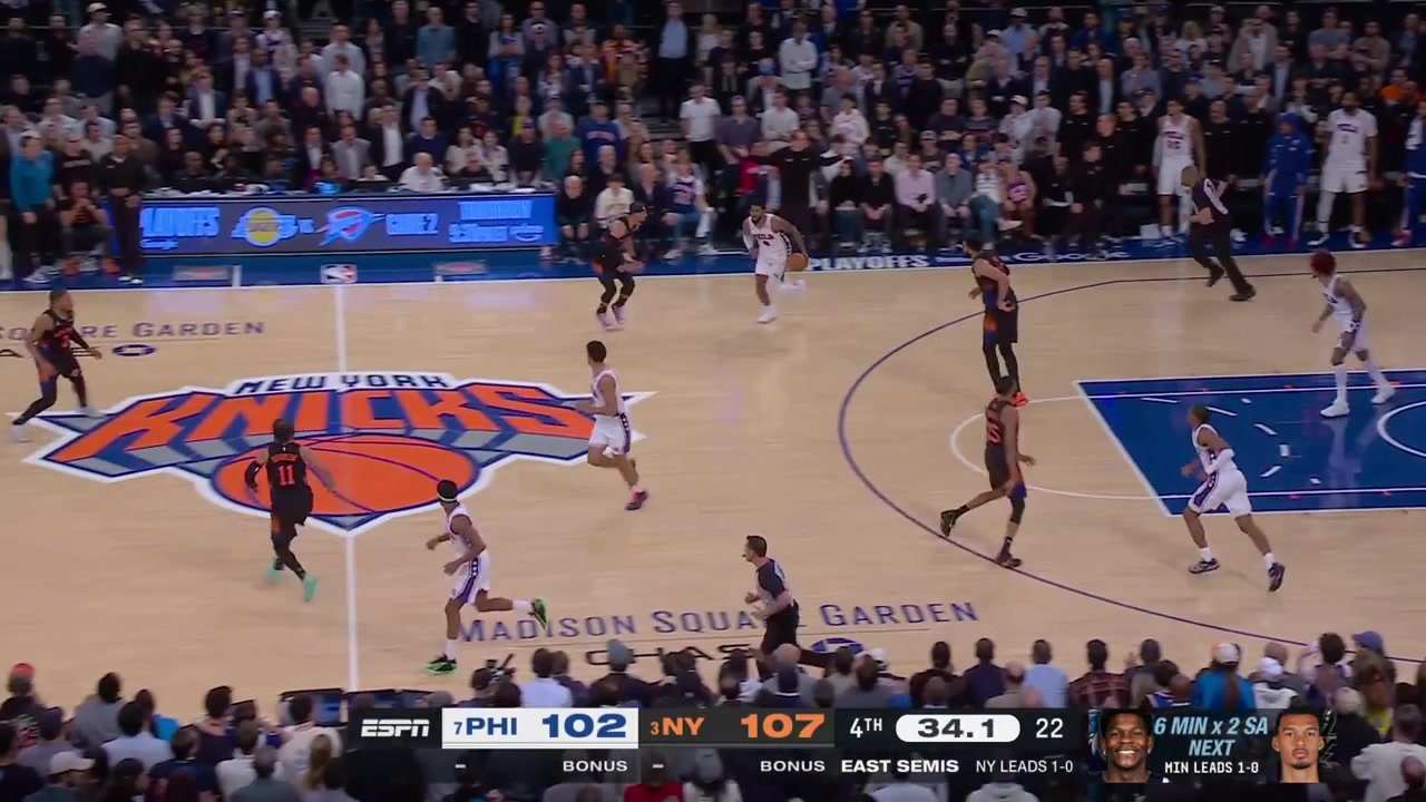 Lowlight Paul George air balls a 3-pointer late in the 4th and the Knicks are closer to win game 2 He is having some words with Quinten Grimes