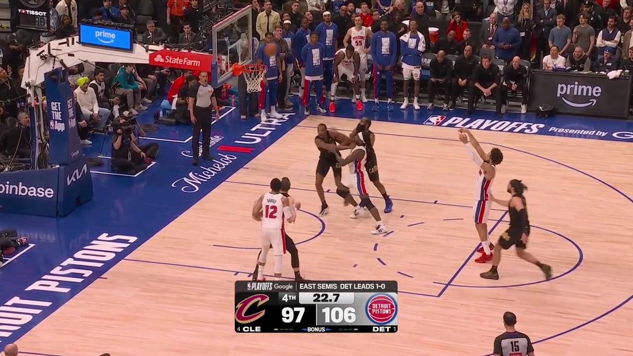 The final moments of game 2 - Pistons vs Cavaliers as Evan Mobley horribly air balls the corner 3 The Pistons take game 2 and go up 2-0 in the series Including Cade Cunningham full postgame interview on the court