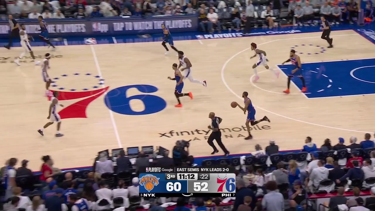 Karl-Anthony Towns drives and finds Miles McBride for the corner 3 but he misses then KAT grabs the offensive board near Embiid and finds McBride once again for the corner 3 and this time it goes in