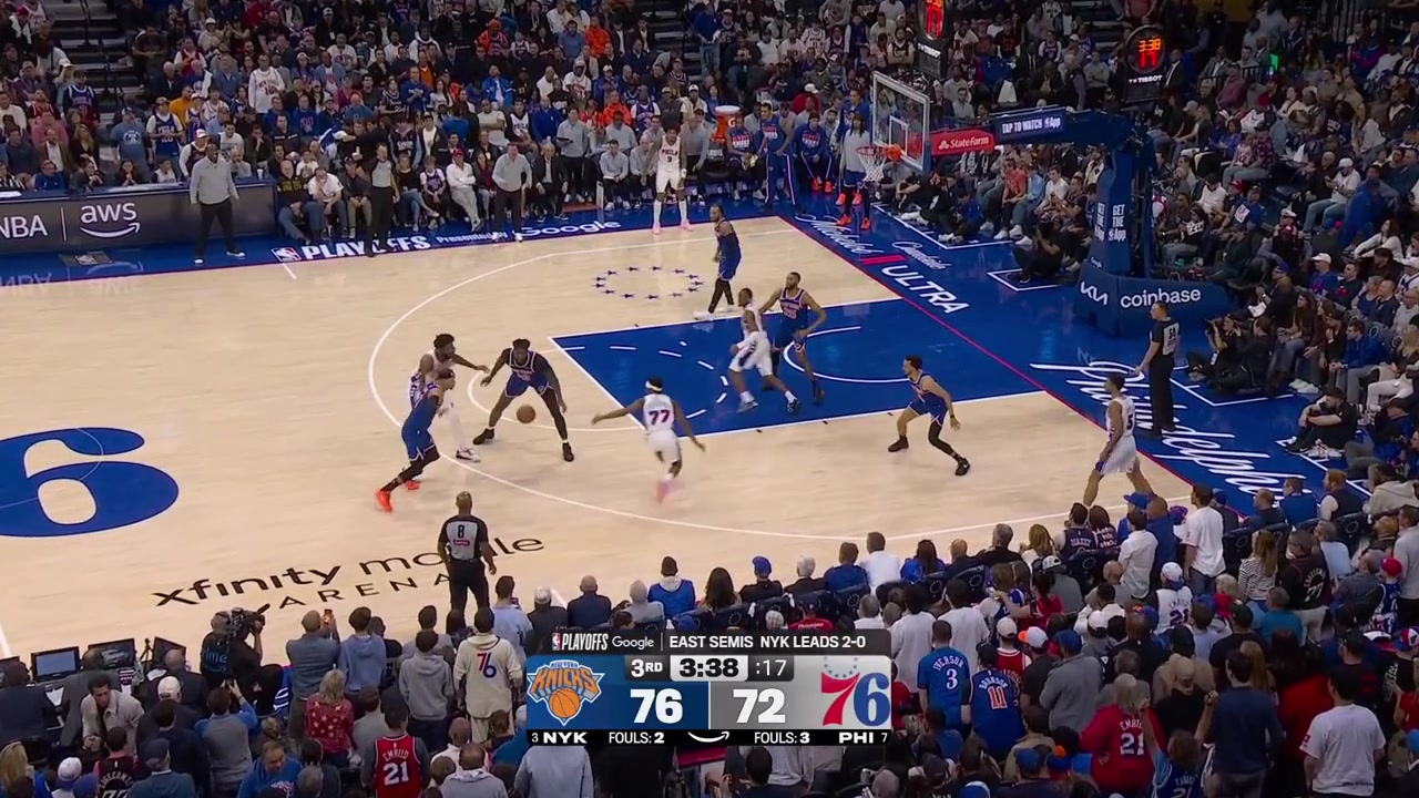 Mitchell Robinson gets fouled and goes to the free throw line in 4 possessions out of the Knicks' 5 including in 3 straight possessionsHe went 48 making two in a row then missing two in a row to give the Philly crowd a free chickenTwo legit fouls two Hack-A-Mitch