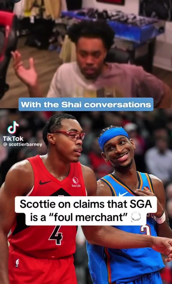 Scottie Barnes on Shai Gilgeous-Alexander Shai dont really foul bait yo Hes aggressive going to the basket so they call fouls for himTheres no reason to hate on his game