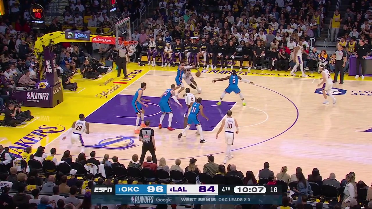 Lu Dort is called for his 5th foul on Austin Reaves' 3-point attempt and the Thunder successfully challenge the call as there was a moving screen by Rui Hachimura on Dort prior to with replaysIncluding the reaction by Reaves