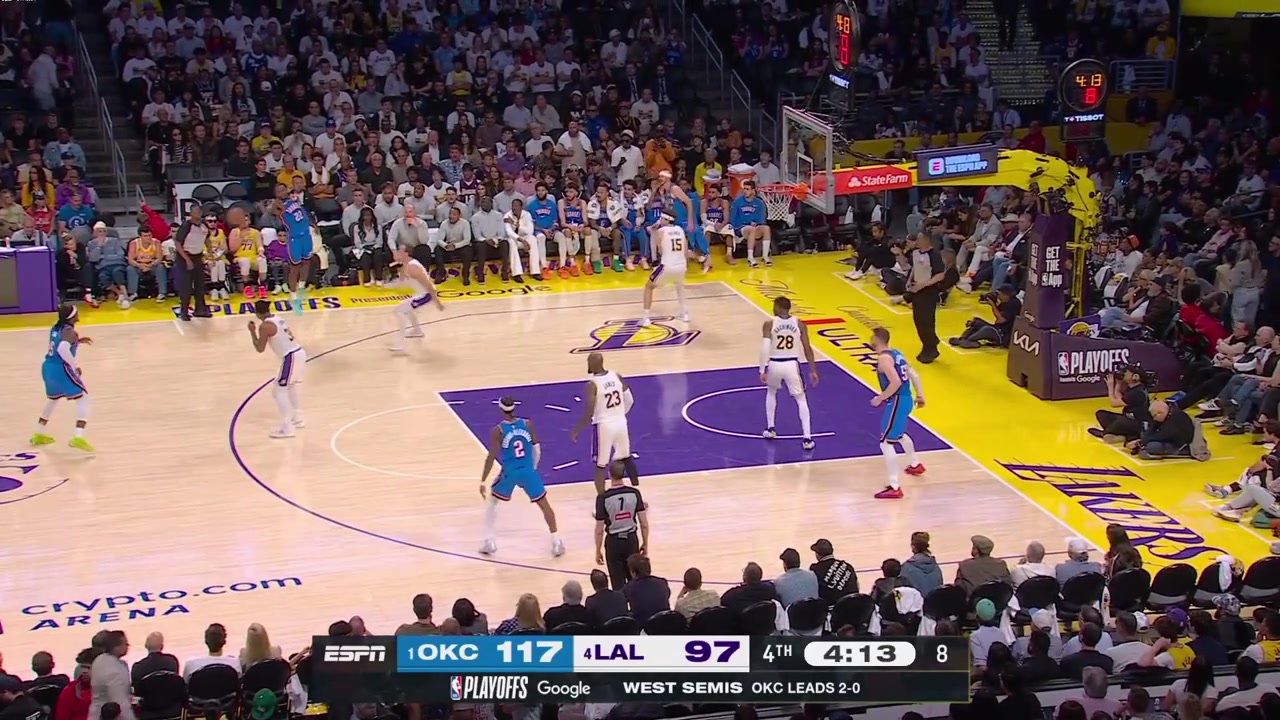 Cason Wallace hits his 4th triple to give him 16 points putting the Thunder up 23 with 4 minutes remaining in regulationThe Lakers decide it's time to empty their bench as they'll go down 0-3 in the series