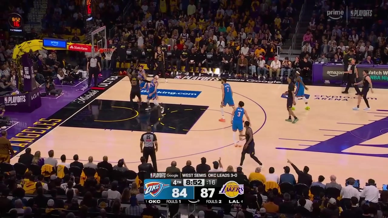 Ajay Mitchell picks Lebron's pocket tries to go coast to coast and gets swatted by Jaxon Hayes Smart finds Lebron who had stayed down the other end for the easy layup to push the Lakers lead back to 5