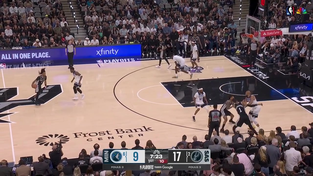 Victor Wembanyama drives on Rudy Gobert and makes the up-and-under through contact11 points for Wemby