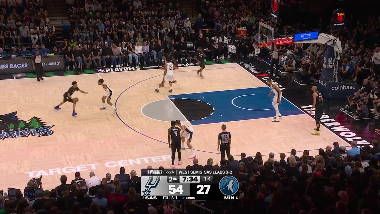 Victor Wembanyama blocks Rudy Gobert under the rim recovers the offensive rebound and finds Dylan Harper who spins and scores