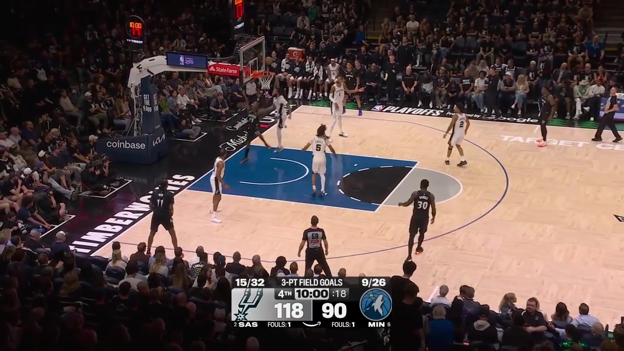 Julian Champagnie finds Victor Wembanyama for the easy dunk with a replay putting the Spurs up 30 points with almost 10 minutes remaining in regulationWolves timeout