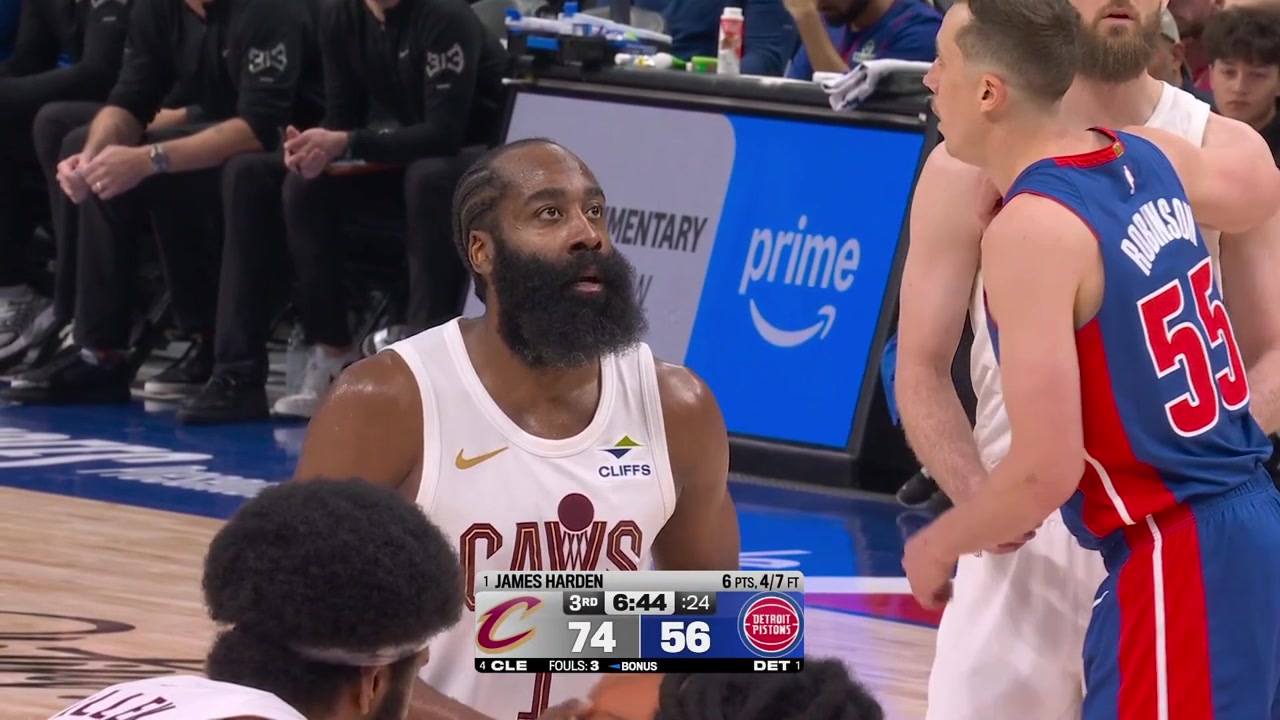 Isaiah Stewart fouls Jarrett Allen during a made free throw by James HardenAllen misses away from the play free throw gets the offensive rebound and gets fouled by Stewart once again forcing another two free throwsBeef Stew is subbed out after that