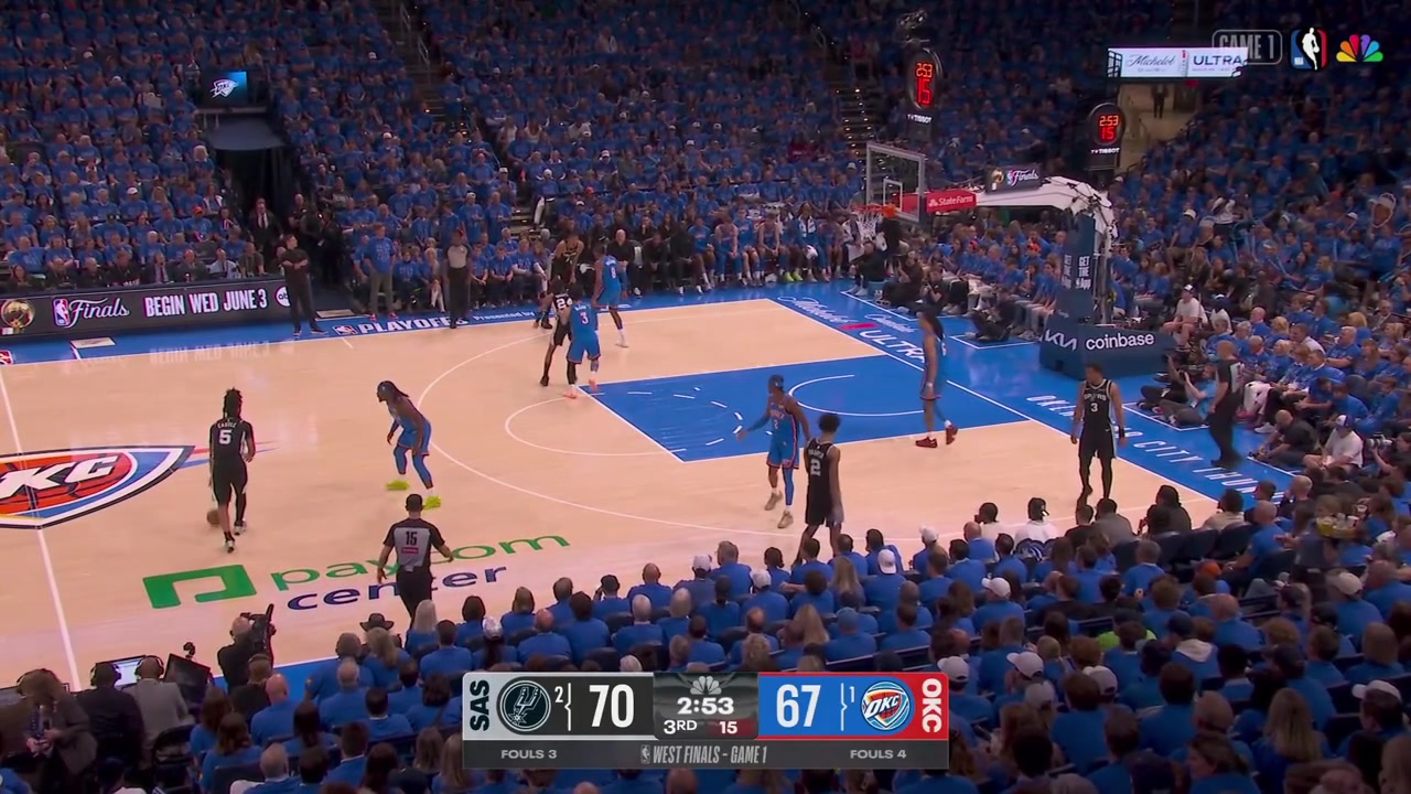 The Thunder send Jalen Williams and then Jaylin Williams to stop Victor Wembanyama who gets fouled by Jaylin with replays
