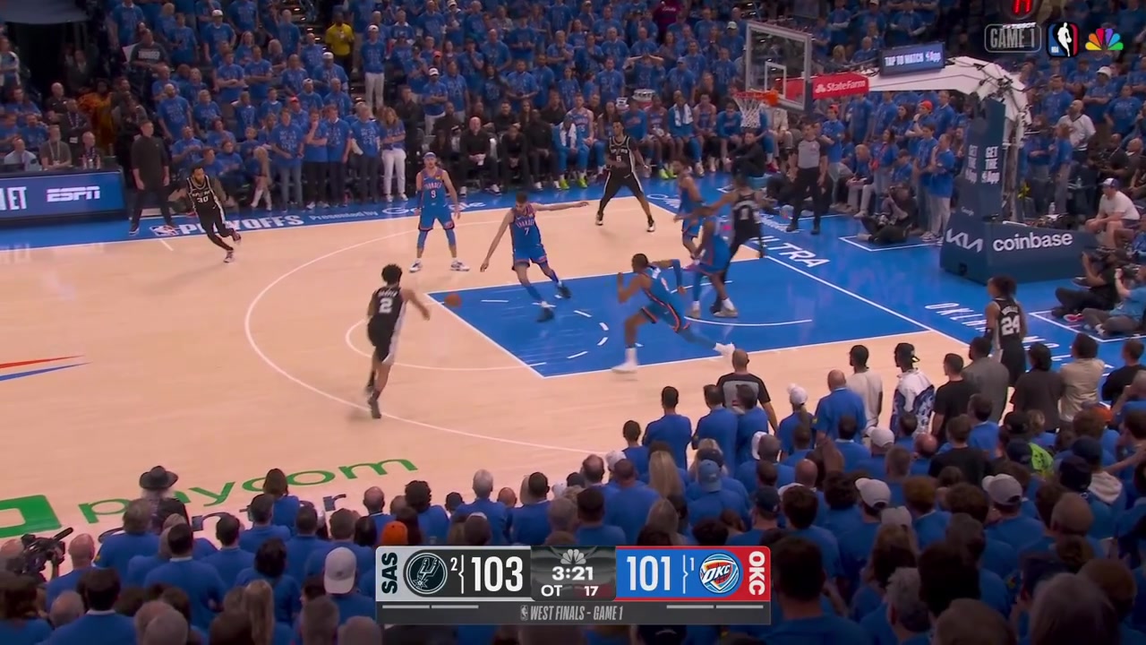 Victor Wembanyama with a great dive and hustle on the floor The initial call was Thunder's basketball but it was overturned after a coach's challenge by the Spurs with replaysChet also falls on Wemby's face