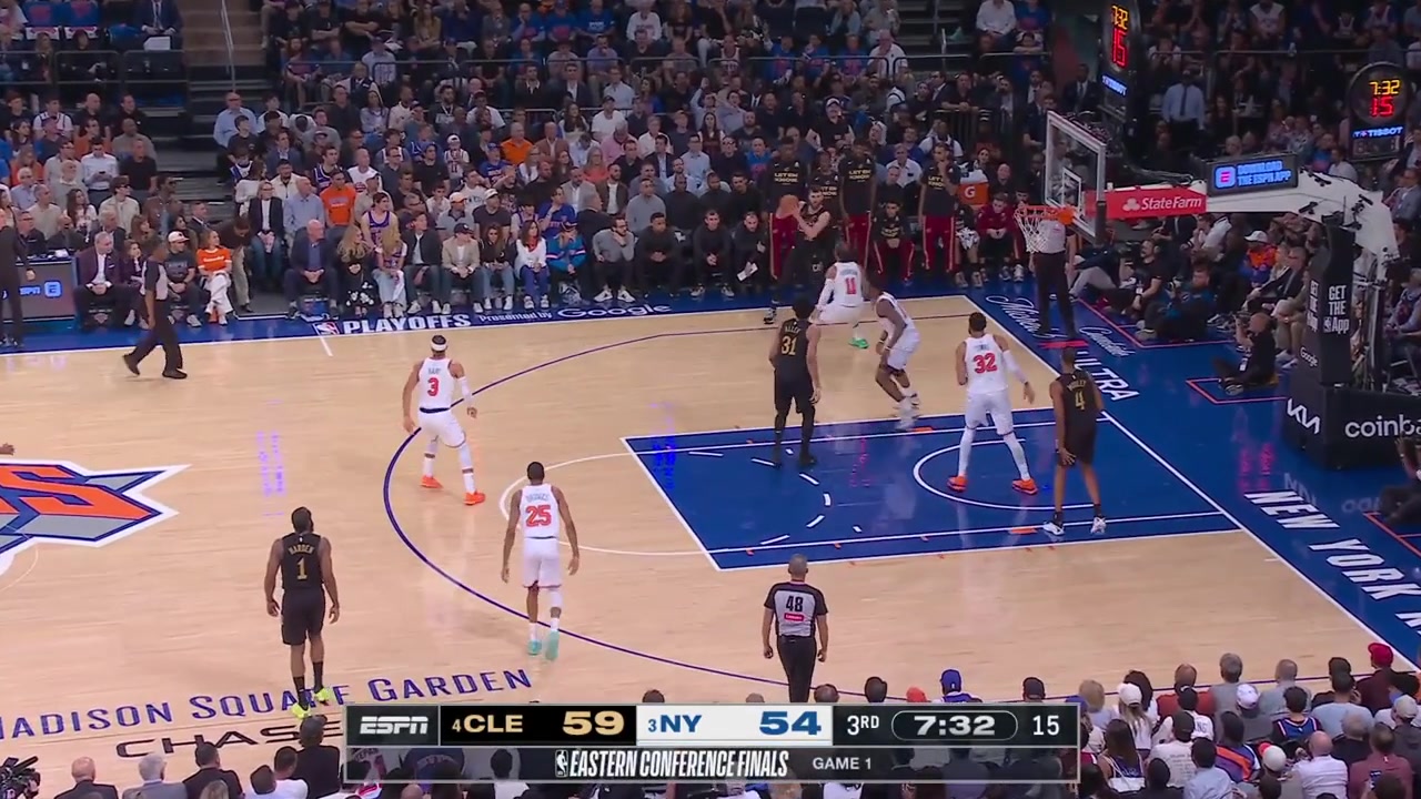 Donovan Mitchell with the beautiful euro step finish on Karl-Anthony Towns and Evan Mobley blocks Josh Hart receives a lob pass from James Harden and dunks it with replays Knicks timeout