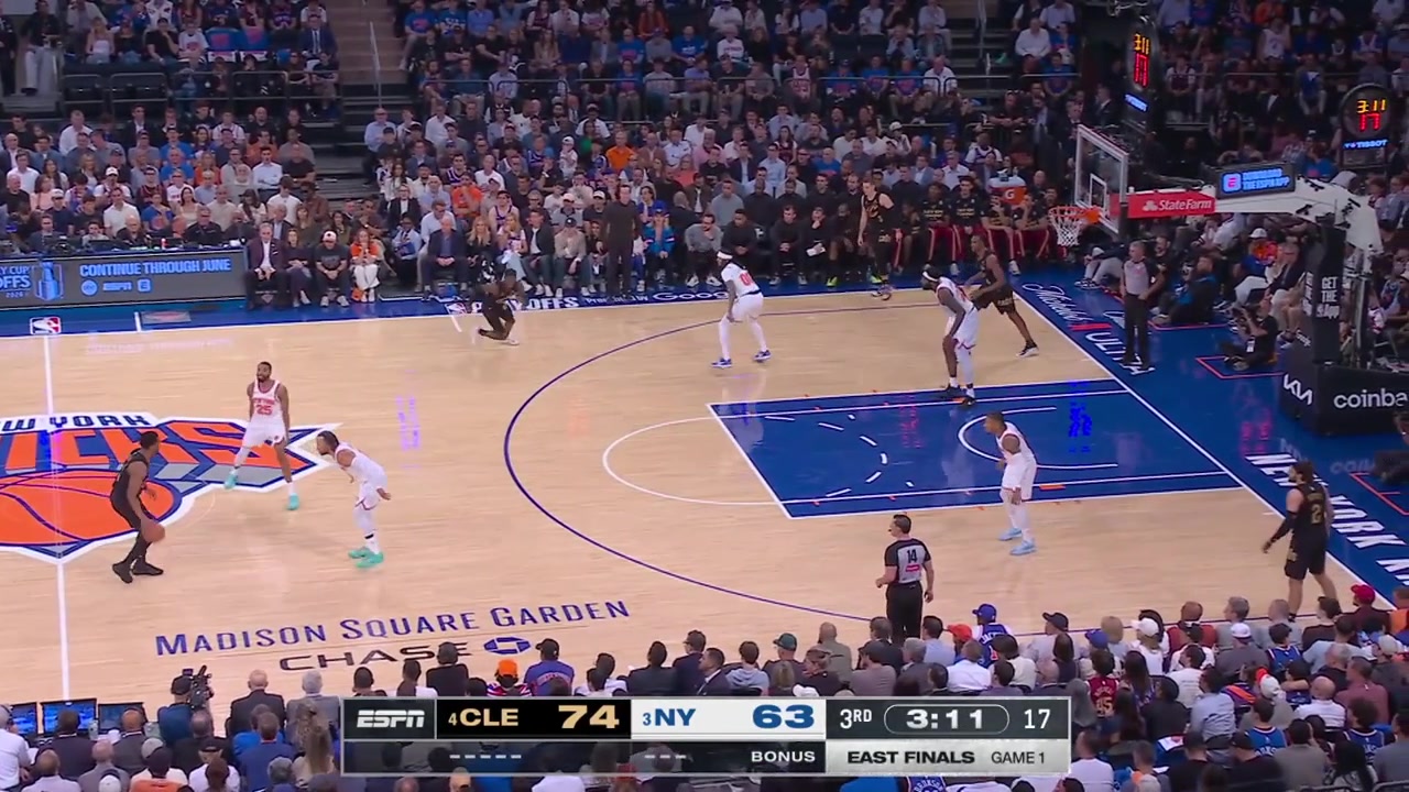 Dennis Schroder finds Sam Merrill for the 3-pointer to put the Cavaliers up 14 and then Schroder fouls Mitchell Robinson for the Hack-A-Mitch and Robinson splits the free throws to the loud cheers of the local crowd