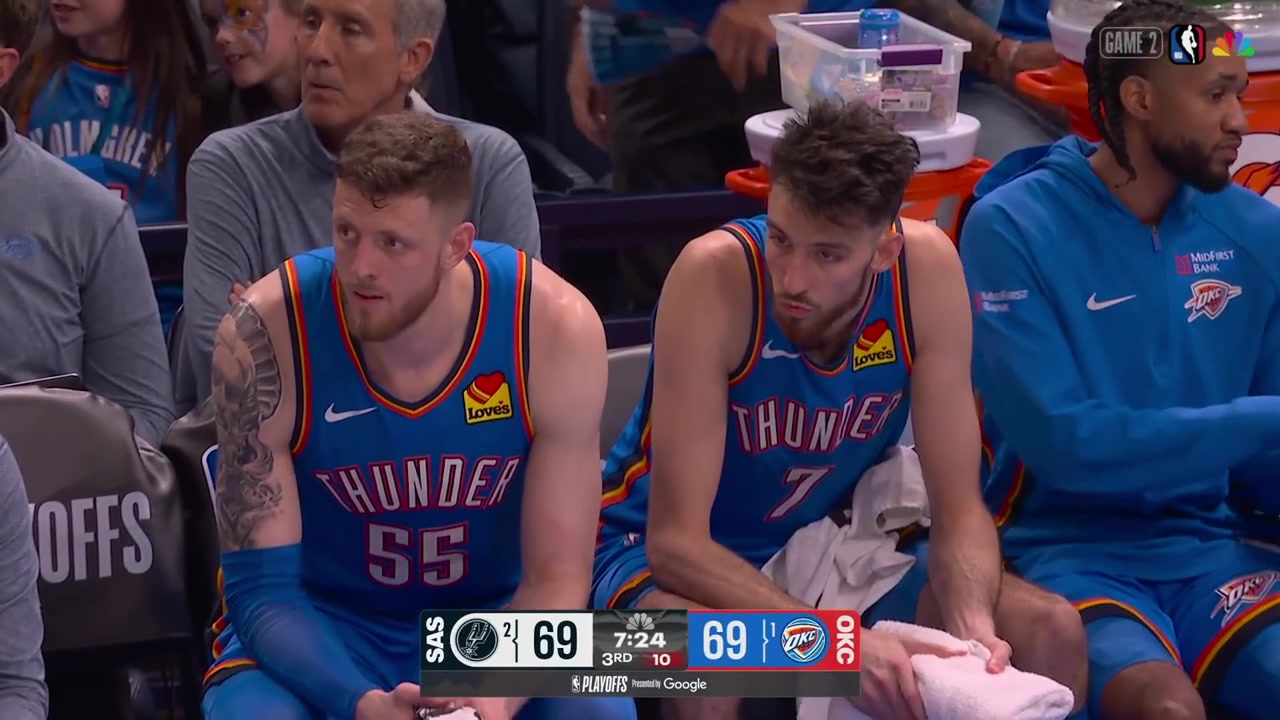 The camera focuses on Isaiah Hartenstein and Chet Holmgren sitting on the bench