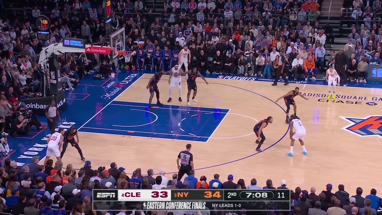 Mitchell Robinson blocks the high layup attempt by James Harden with replays