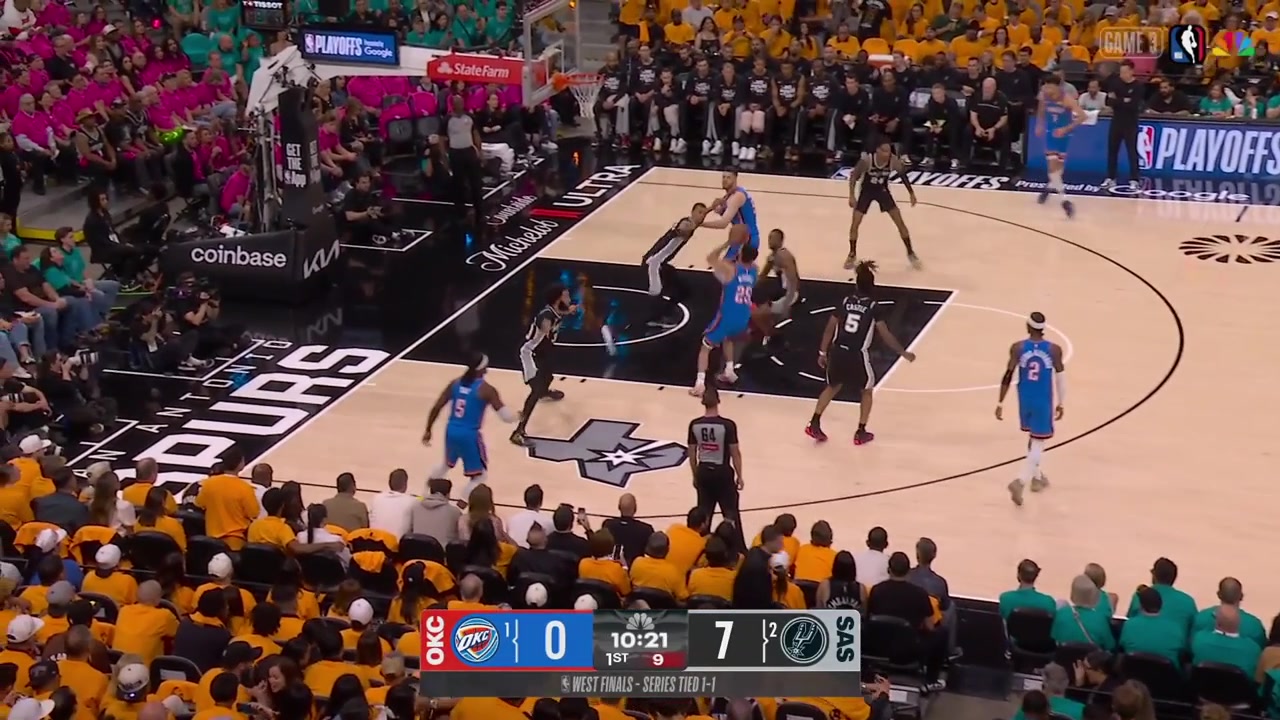 Devin Vassell grabs the rebound goes coast to coast and hits the pullup 3The Spurs with a 10-0 run to start the game and the Thunder take a timeout with 1010 minutes remaining in the 1st quarter