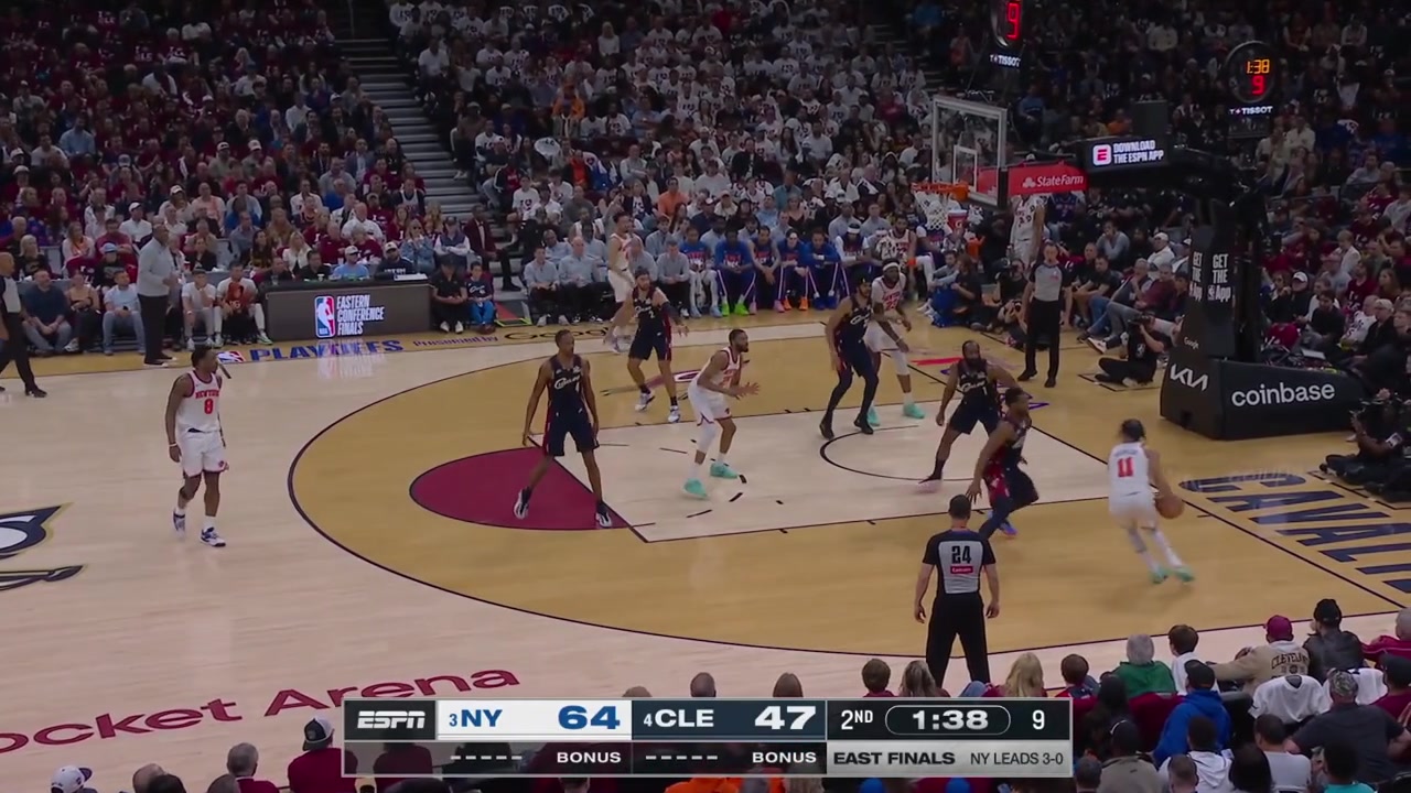 Mikal Bridges gets stuck with the ball and makes the extremely tough turnaround fadeaway jumper over James Harden to beat the shot clock with replays