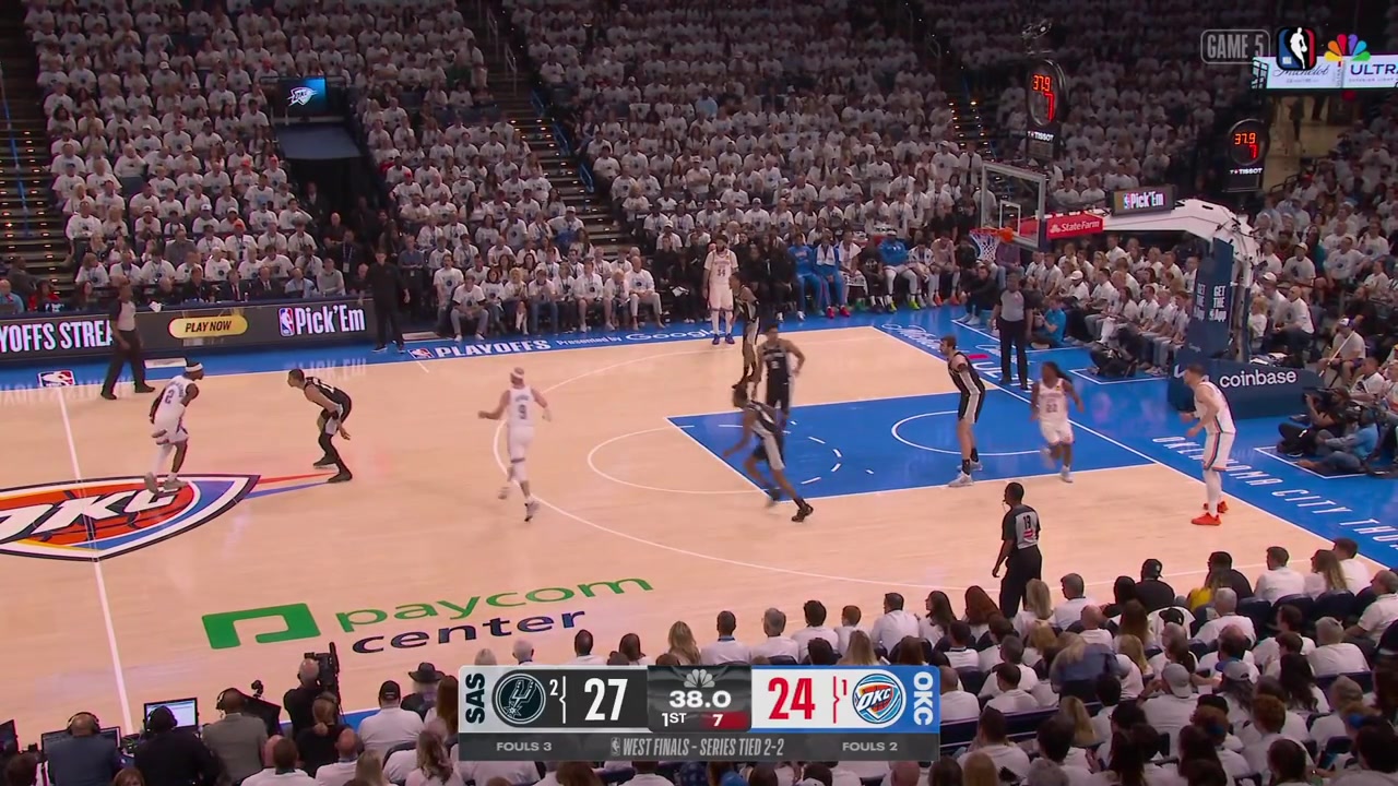 Shai Gilgeous-Alexander hits the open 3 Cason Wallace strips Dylan Harper in the back court misses the layup Alex Caruso saves the ball and Carter Bryant with a bad foul sending SGA to shoot free throwsIncluding a replay of Bryant's 3 and the smile on his coach's face prior to