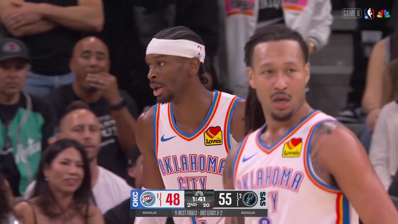 Victor Wembanyama hits his 4th triple of the 1st half to give him 20 points with replaysCarter Bryant is called for the foul fouls SGA during the 3-point attempt basket counts and it remains a common foul upon review as Flopper chants can be heard in San Antonio