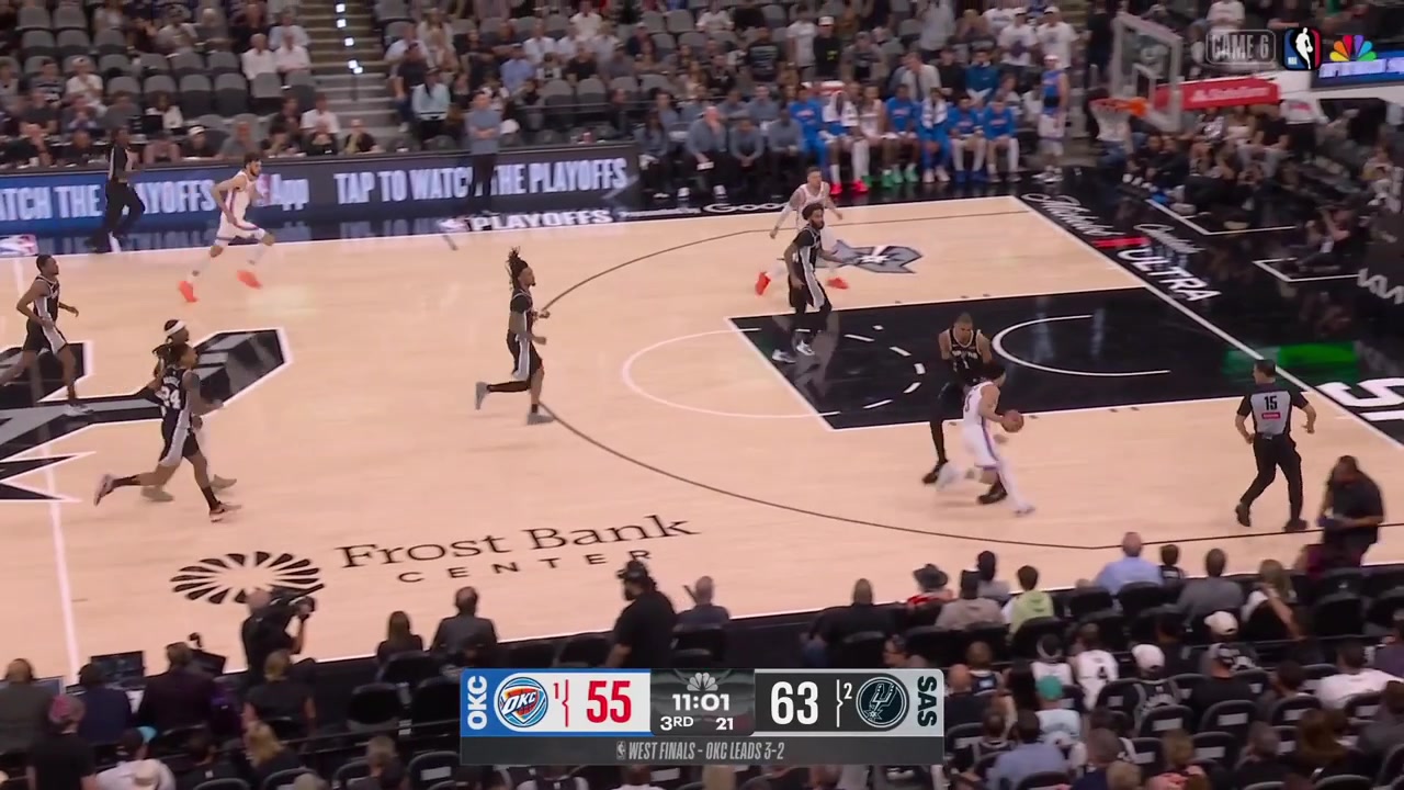 Julian Champagnie with a nice block on Jared McCain Isaiah Hartenstein taps the rebound to Shai Gilgeous-Alexander who makes the And-1 scoopy layup after Victor Wembanyama is called for the goaltending with replaysThe foul was on De'Aaron Fox