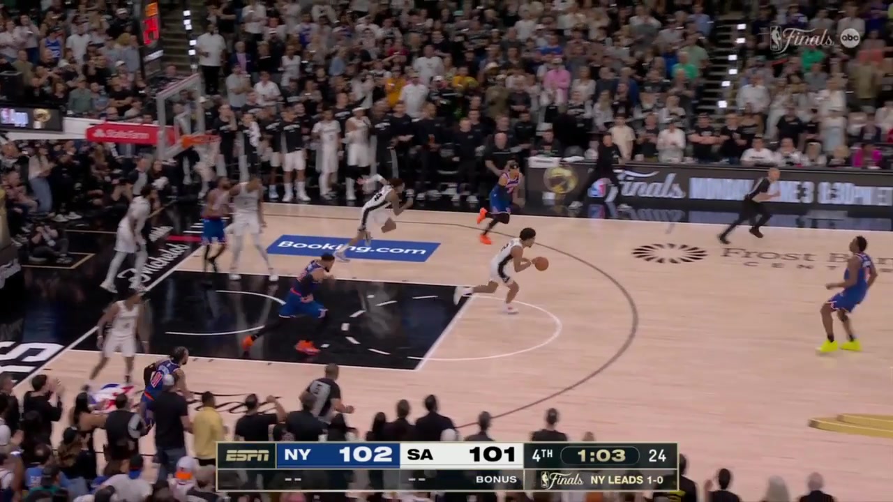 Dylan Harper gets it out to Wemby who drives to the rim for the and-1
